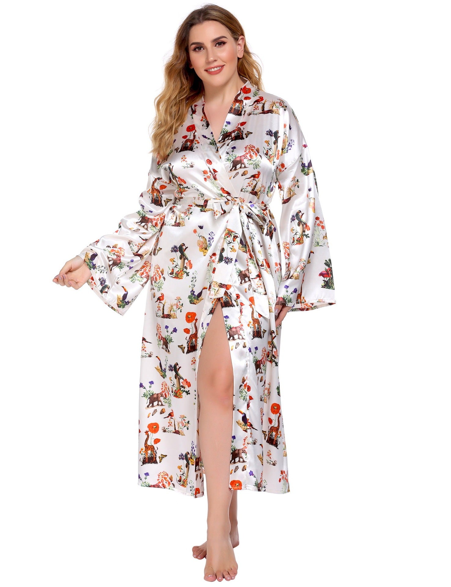 Long Robes For Women Flower Print Bathrobe V-neck Silk Sleepwear